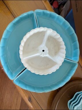 Vintage 40's Turquoise Ceramic Divided White Center On Wooden Turntable